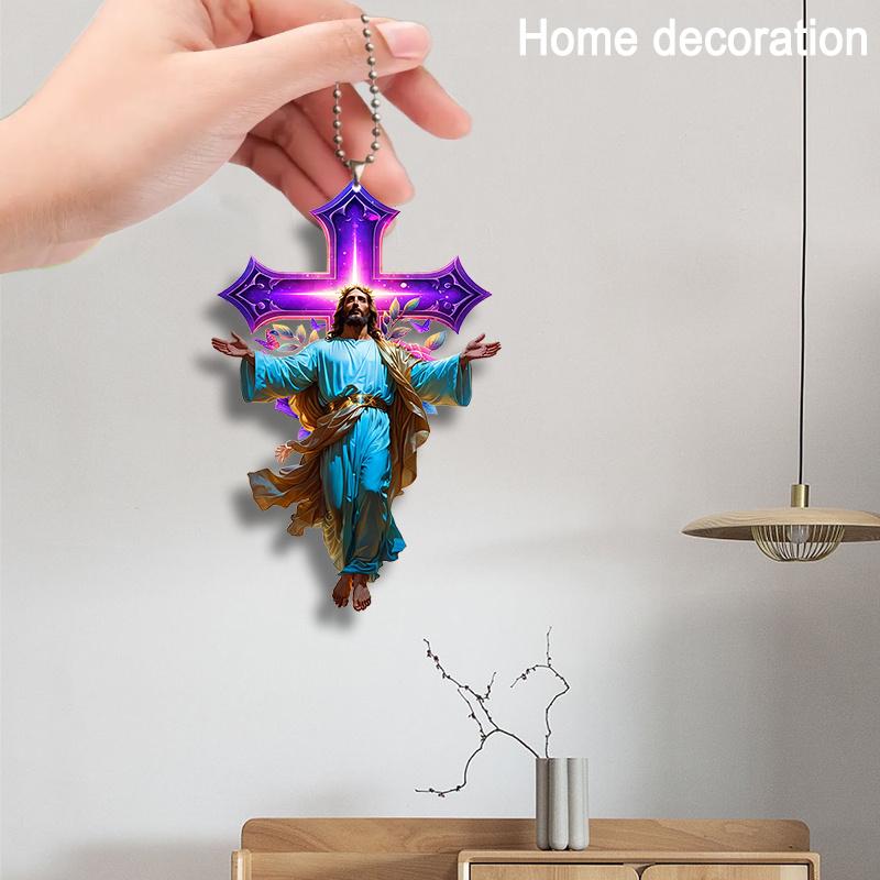 1 2D Flat Acrylic Religious Cross & Butterfly Flower Charm Pendant - for Car Mirror, Backpack, Phone & Keychain