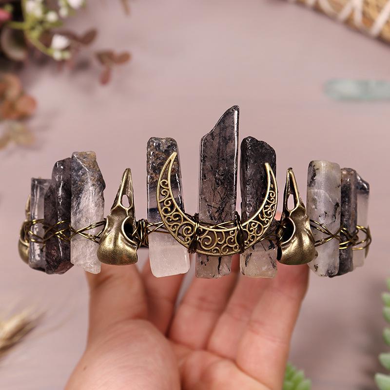 Vintage Bronze Viking Owl Moon Branch Crown Hairband - Crystal Halloween Accessory