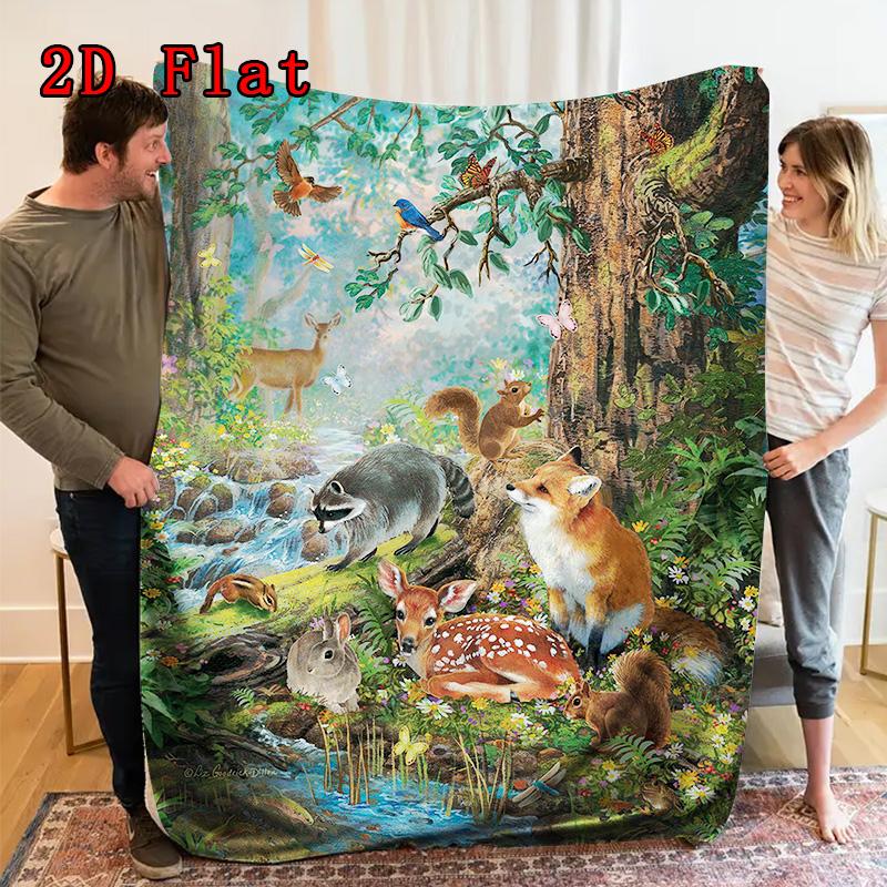 Magical Forest Wildlife 2D Flat Pattern Flannel Blanket High Quality All Seasons Warmth and Comfort Perfect for Christmas Gifts.
