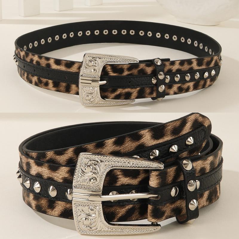 Fashion Print Leopard Pattern Rhinestone Metal Buckle Decoration Women Wide Belt