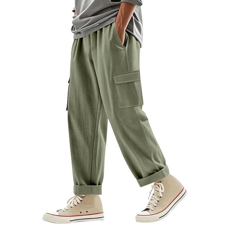 

25 European and American Men s Linen Four Seasons Thin Breathable Tooling Multi-pocket Loose Casual Trend Wide-leg Trousers XXXL армія зелений колір