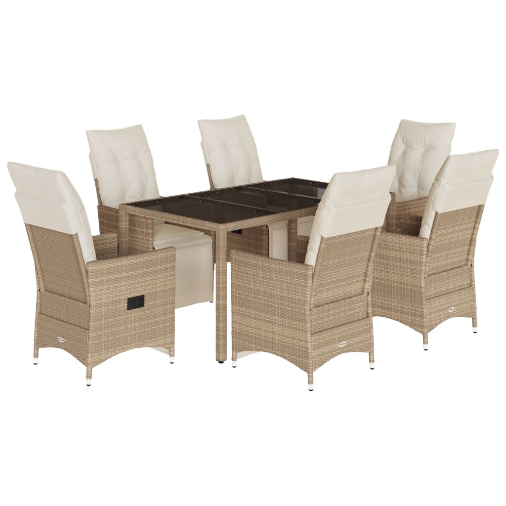 7 Piece Garden Bistro Set with Beige Cushions Poly Rattan
