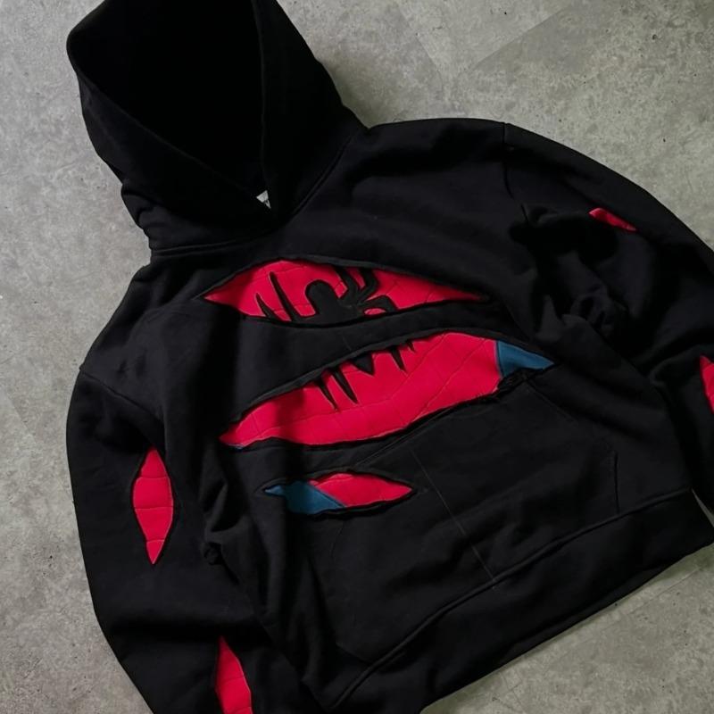 ROADVIBE American Retro Spider Patchwork Print Hoodies Fashion Oversized Loose Full Zipper Hoodie Men Jacket Gothic Street Y2k Sweatshirt