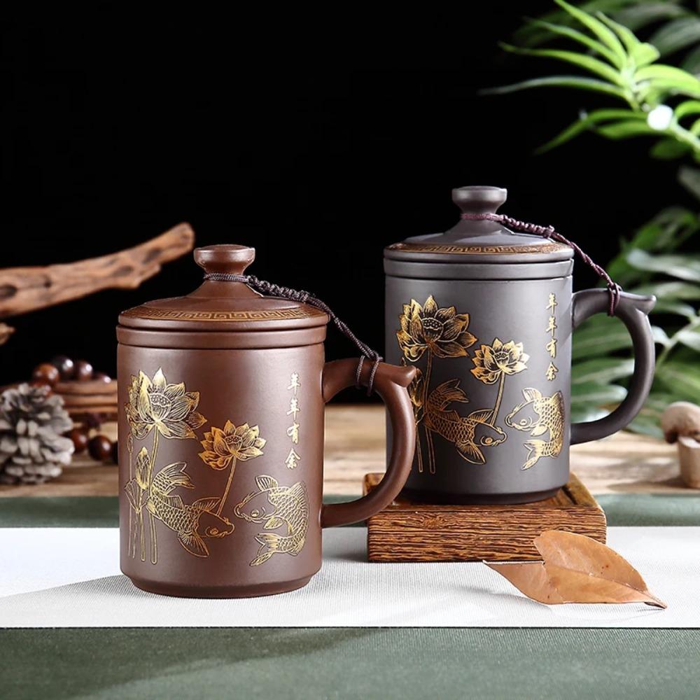 Yixing-Men's Large Capacity Purple Sand Tea Cup with Cover, Tea Set, Office, Ceramic, Household, Personal Water Cup, Handmade