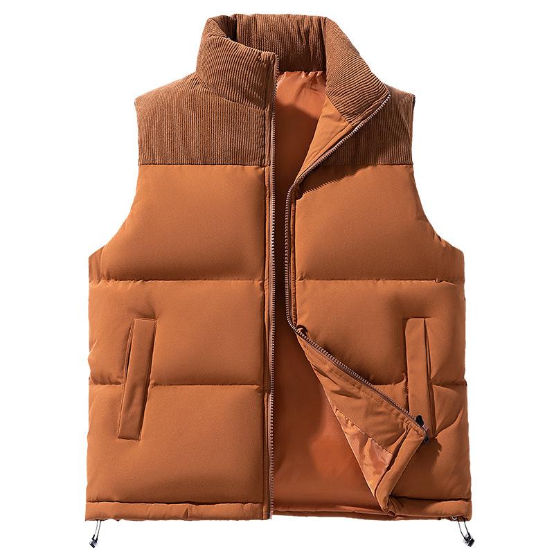 Men's Down Cotton Vest Autumn Winter Trend Corduroy Color Block Vest Thickened Warm Casual Sleeveless Jacket for Men