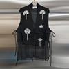 Womens 2026 Heavy Sequined 3D Flower Mesh Patchwork Vest Trendy Street Style V-Neck Waistcoat