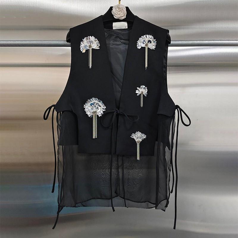 Womens 2026 Heavy Sequined 3D Flower Mesh Patchwork Vest Trendy Street Style V-Neck Waistcoat