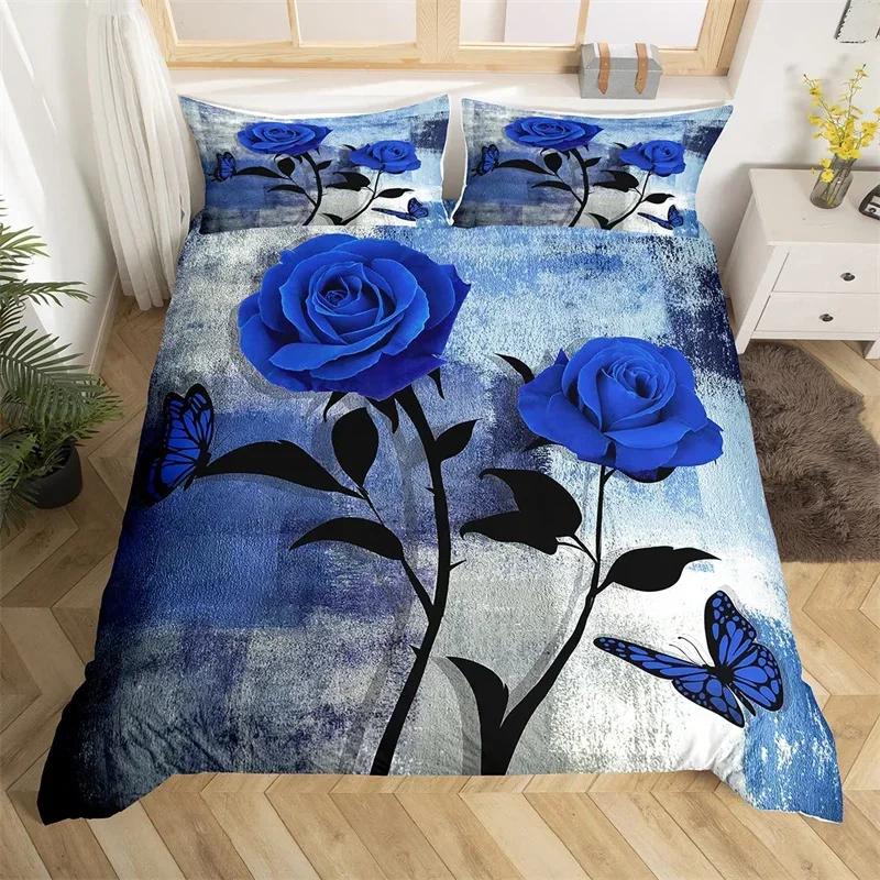 Rose Flower Duvet Cover Single King Oil Painting Butterfly Floral Bedding Set Microfiber Vintage Watercolor Artwork Quilt Cover