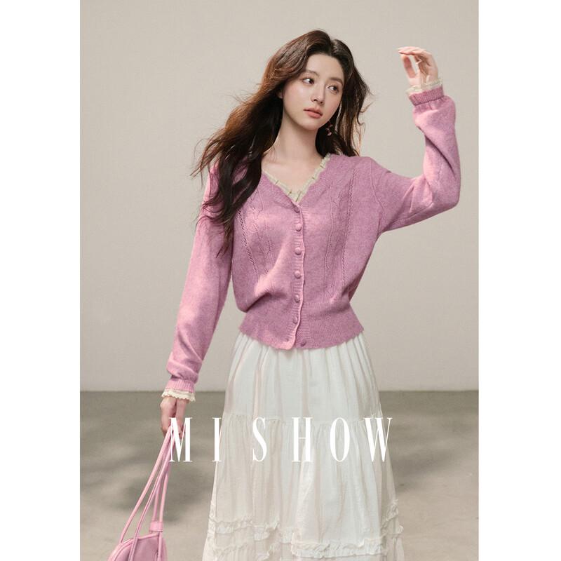 Mishow Women s Wool-Blend Ruffle Trim V-Neck Cardigan S