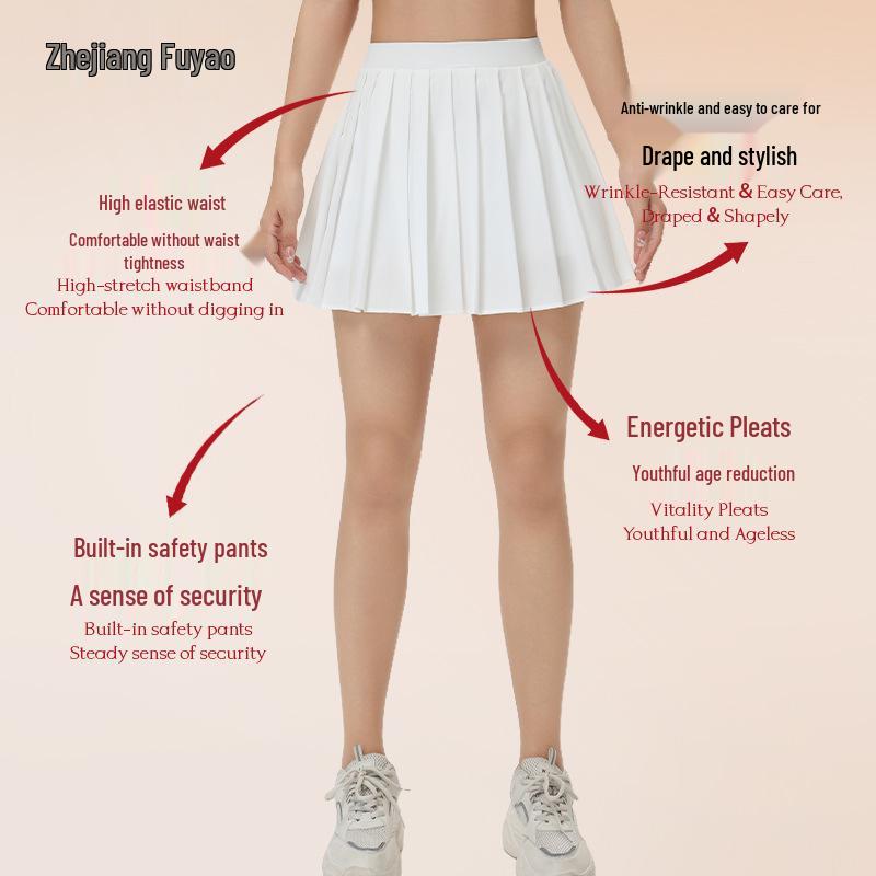 Pleated High Waist Yoga Skirt with Built-in Shorts & Pockets
