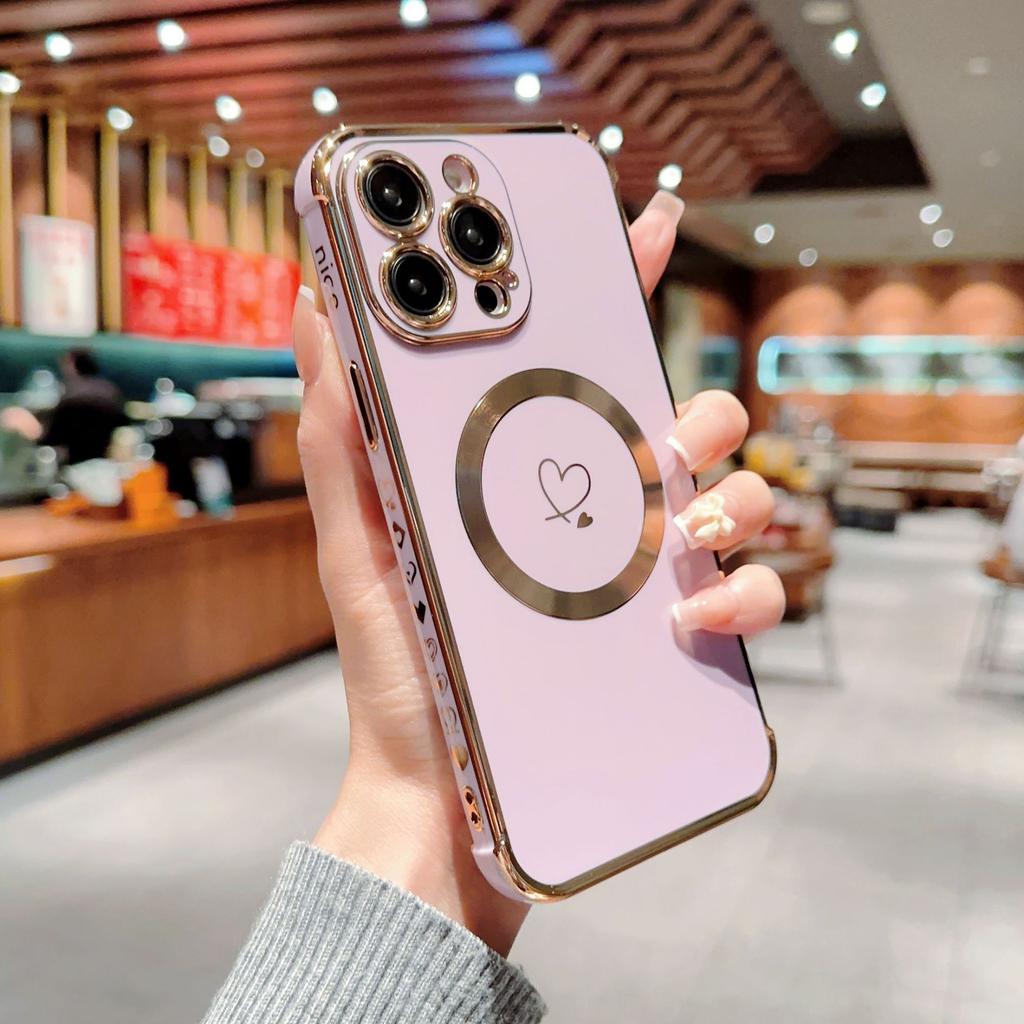 Applicable To iPhone17Promax Electroplating Double Love Mobile Phone Case Apple 16Pro Magnetic Anti-drop 15 Protective Case