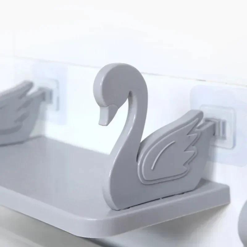 1-4PCS Wall Mounted Swan Storage Shelf No Drilling Rack Durable Plastic Kitchen Bathroom Towel Organizer Space Saver