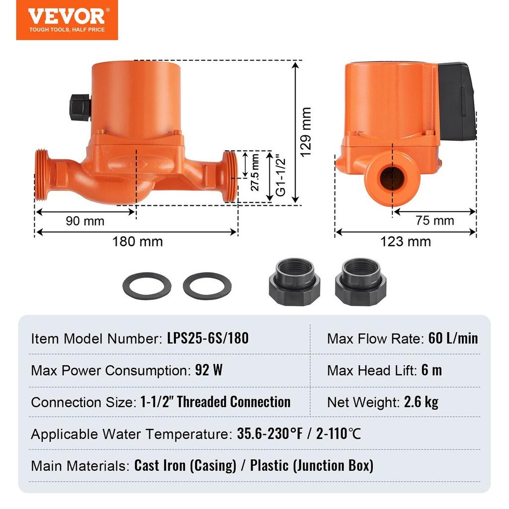 Vevor Hot Water Circulation Pump Cast Iron Recirculating Pump 220V 92W, 60 L/min Max Flow Rate, 6m Max Head Lift, 1-1/2" Threaded Connection, 2°c To