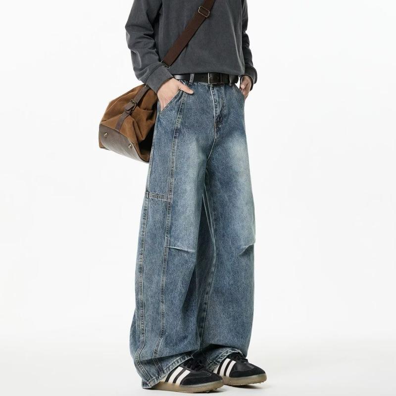 American retro pleated washed jeans men's and women's deconstruction wide-leg scimitar pants loose straight men's casual pants tide