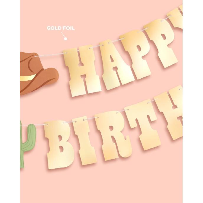 Xo, Fetti Western Happy Birthday Gold Foil Banner - 5 Ft. | Cowboy HBD Decorations, Wild West Garland, Rodeo Supplies, Wild One Yeehaw Bday, Cowgirl