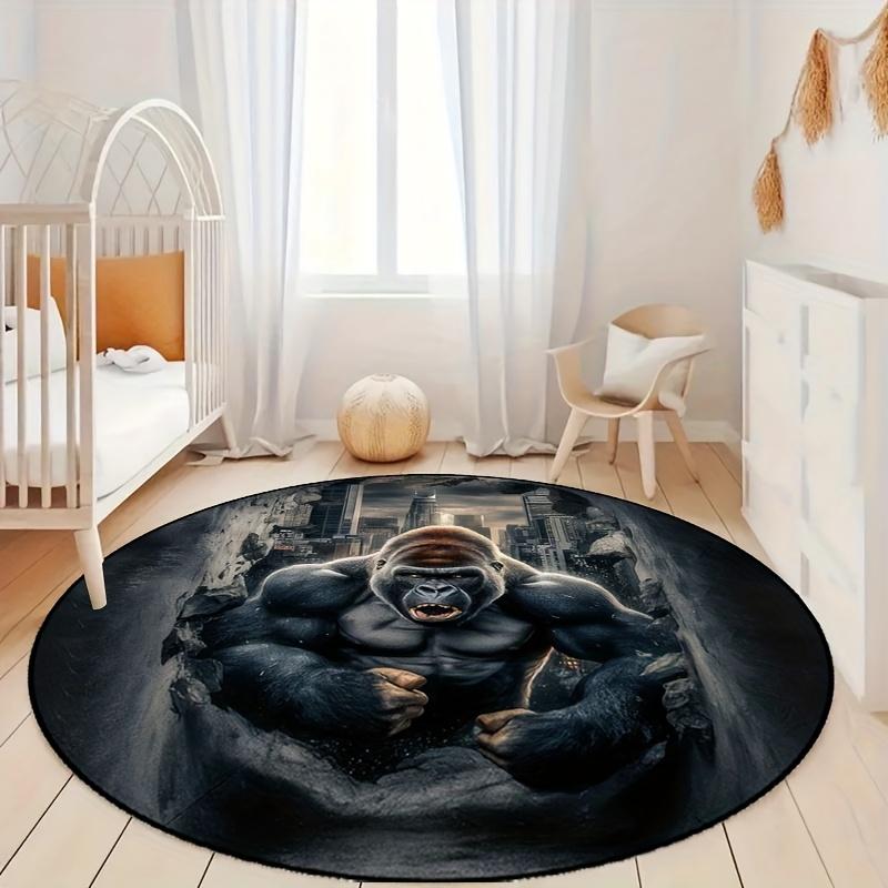 Wildes Gorilla-Muster Flanell-bedruckte runde Bodenteppiche sind rutschfest Geeignet für Wohnzimmer Schlafzimmer Terrasse Garten Teppiche