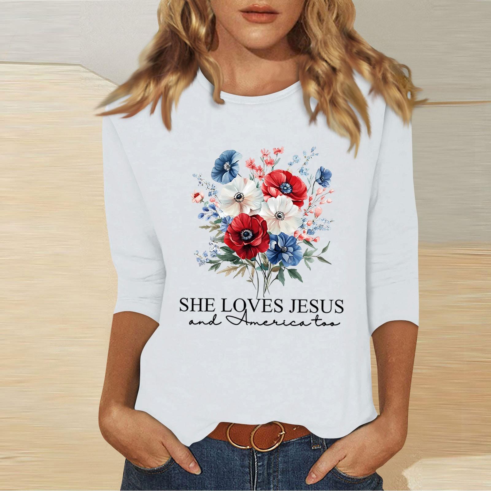 

Women s Fashion Casual Round Neck Independence Day Printed 3/4 T-shirt Top M білий