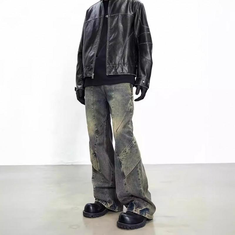 Mens Vintage Washed Distressed Denim Jeans High Waist Irregular Patchwork Flared Cut