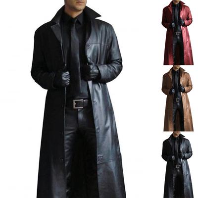 Gothic Leather Trench Coat for Men Autumn Winter Long Coat Leather Coat Faux Leather Jacket Outwear S-5XL