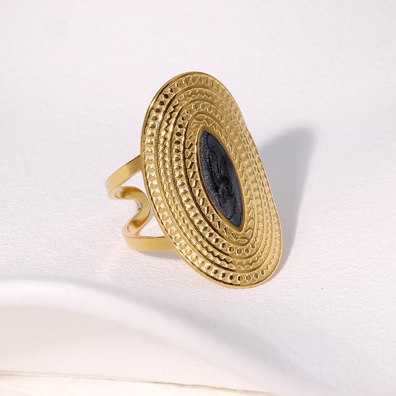 Retro Geometric Adjustable 18K Gold-Plated Wide Band Stainless Steel Ring