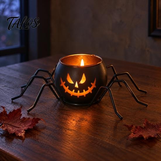 Halloween Pumpkin Candle Holder Glass Holder, Iron Art Tealight Lantern for Tabletop Window Gift Ideas And Fireplace Decoration, Decorative Ghost Face