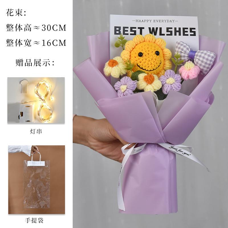 Hand-Knitted Sunflower & Rose Bouquet - with LED Lights & Gift Bag Thanksgiving Gift