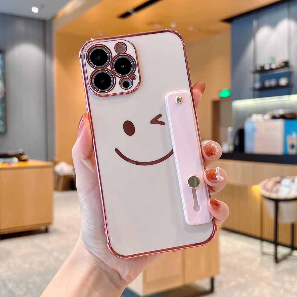 Electroplated side smiley face with bracket, suitable for Apple 16/17promax mobile phone case iPhone14/15 anti-drop cover