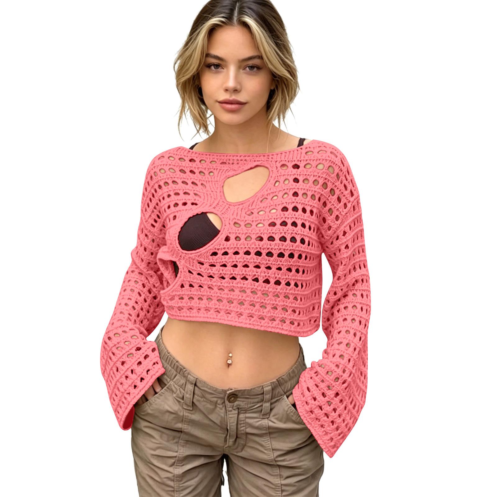 

Women Crochet Knit Hollow Out Long Sleeve Bikini Cover Up Irregular Cutout Pullover Beachwear Loose Fit Top for Summer M
