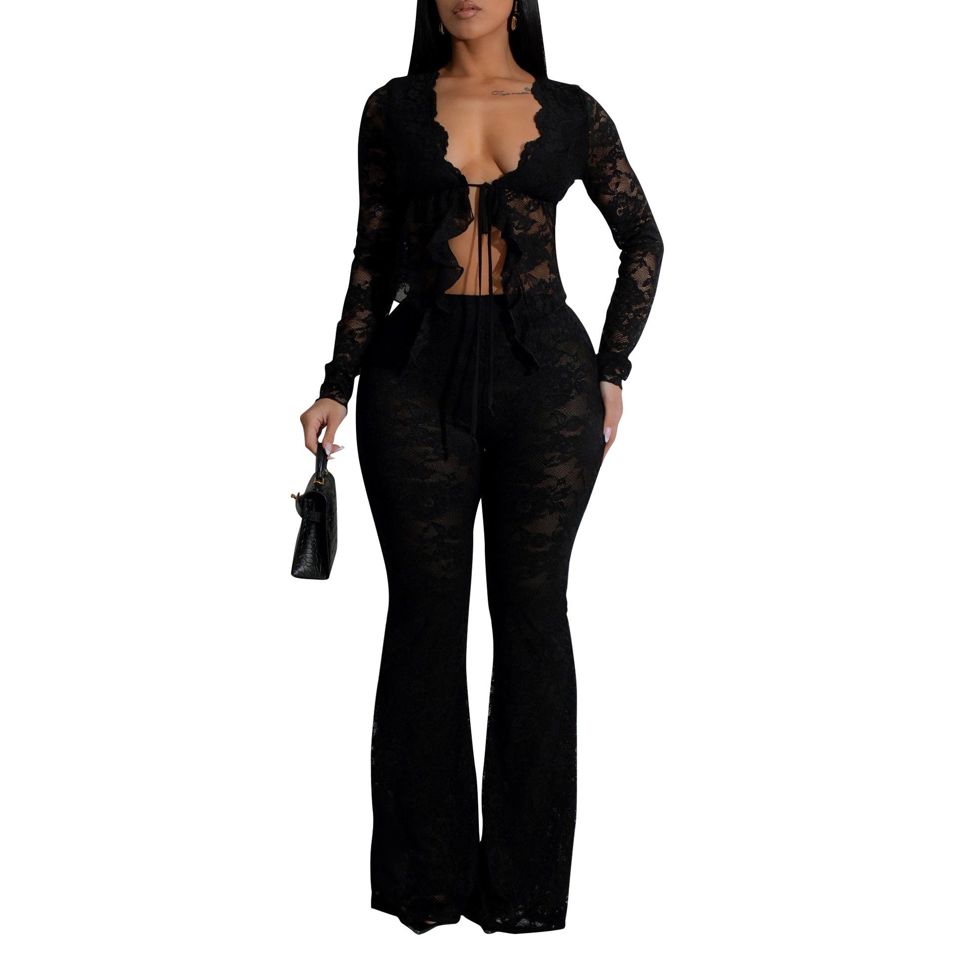 

AL311 Women s Sexy Lace Flocking See-through Two-piece Set for Nightclub & Party Small чёрный