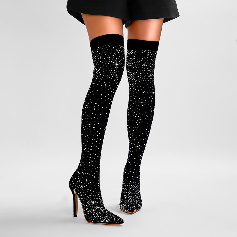 Fashion Women's New Spring and Autumn Pointed Rhinestone High Heel, Large Size Over Knee High Barrel Boots, Elastic Boots