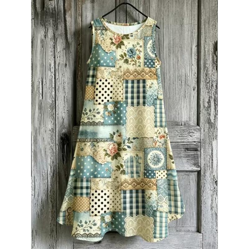 

Women s Vintage Pattern Printed Sleeveless Round Neck Dress Loose Soft and Comfortable Plus Size Dress 8XL чай зелений колір