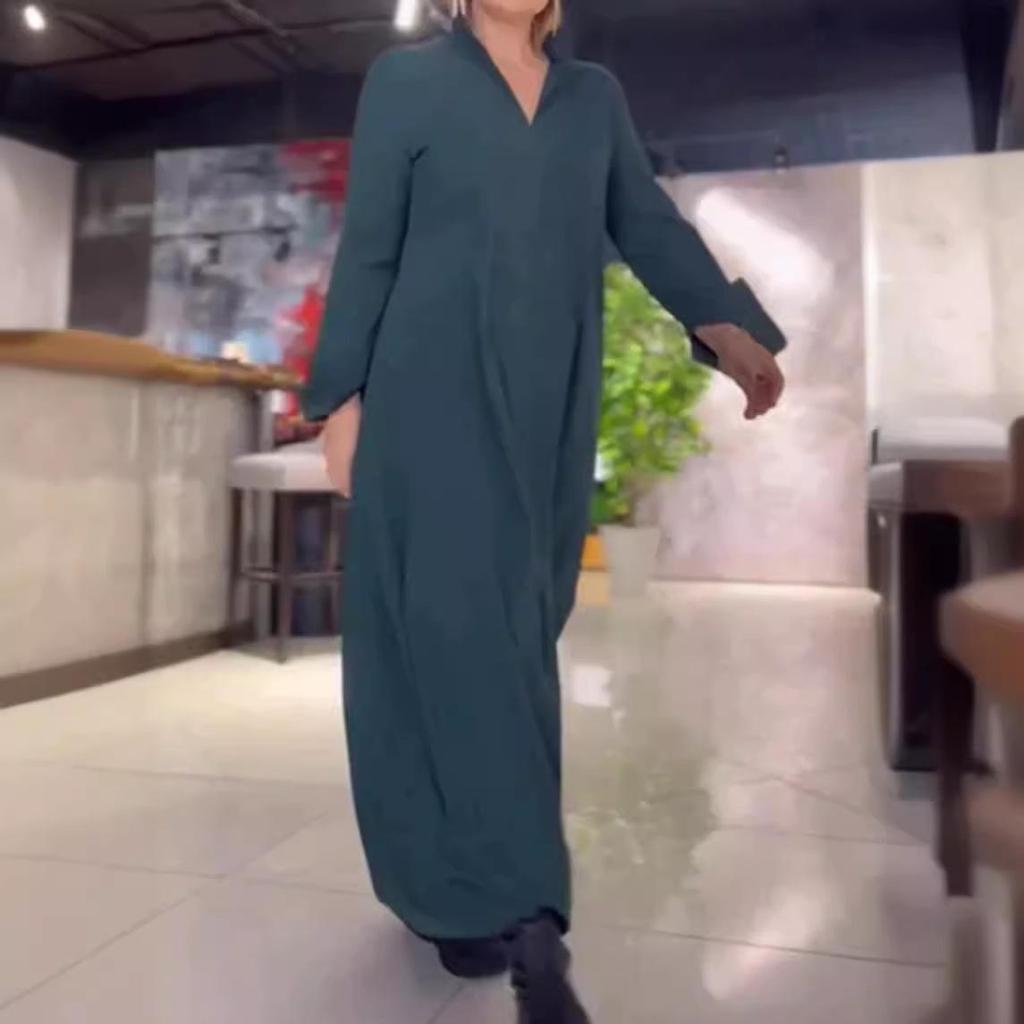 2026 Fall/Winter Women's Casual V-Neck Long-Sleeve Solid Color Dress