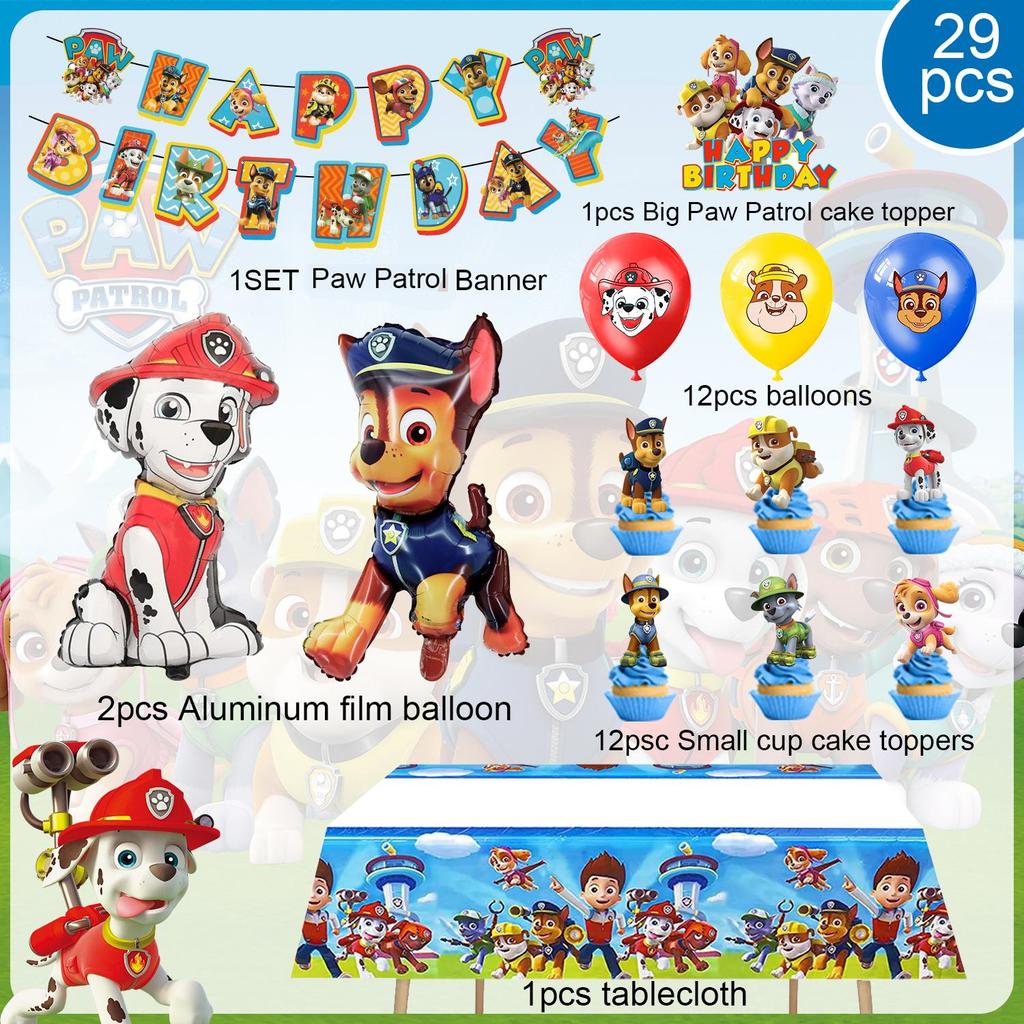 29Pcs Cartoon Dog Party Decorations, Cartoon Party Supplies - Dog Party Balloons Background Tablecloth and Dog Happy Birthday Banner Etc.