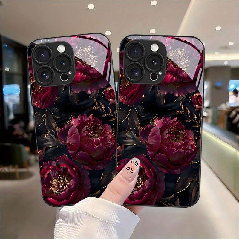Dark Rose Flower Pattern Tempered Glass Black Phone Case For iPhone 11 12 13 14 15 16 17 Pro Max 17 Air 7 Plus XS X XR Cover