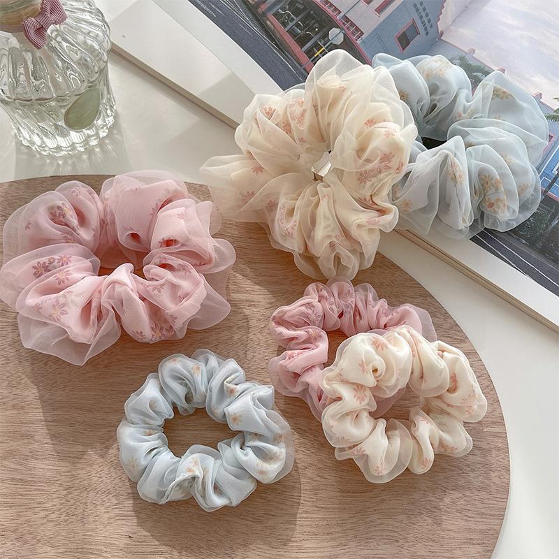 Double Layer Silk Organza Scrunchies Sweet Flower Hair Band For Girls Ponytail