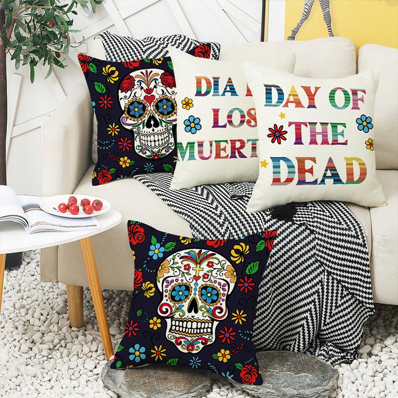 2026 Halloween Totenkopf Buchstaben Leinen Überwurf Kissenbezug, Kissenhülle für Sofa, Dekorative Couch Kissenhülle 45x45cm