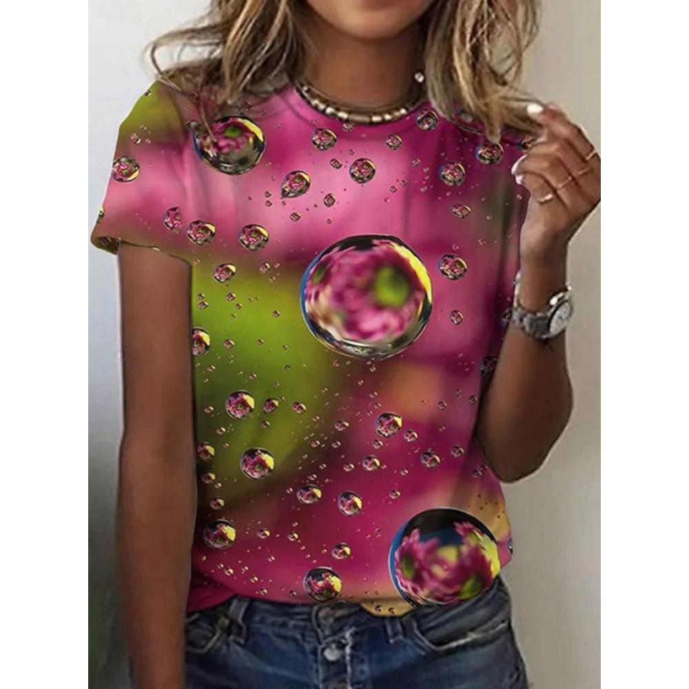 Fashion Women Retro Creative Water Droplet Gradient Print T Shirt Funny Casual O-neck Short Sleeves T-shirt Summer Female Tee Shirt