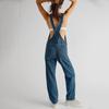 Women's Fashion Solid V-Neck Button Pocket Wash Denim Adjustable Strap Jumpsuit