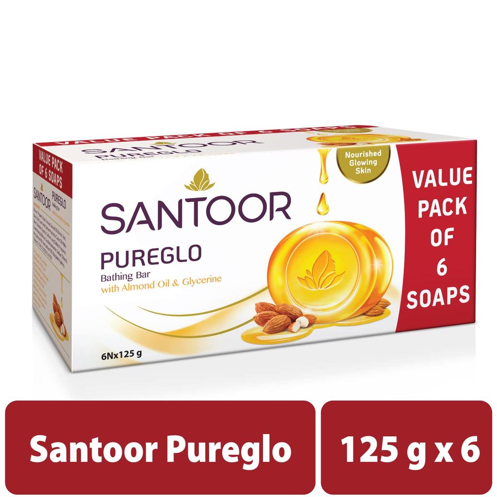 Santoor PureGlo Glycerine Soap with Almond Oil Pack of 1 Refreshing Daily Moisturizing Body Cleansing Bar( 125g X 6N )900g