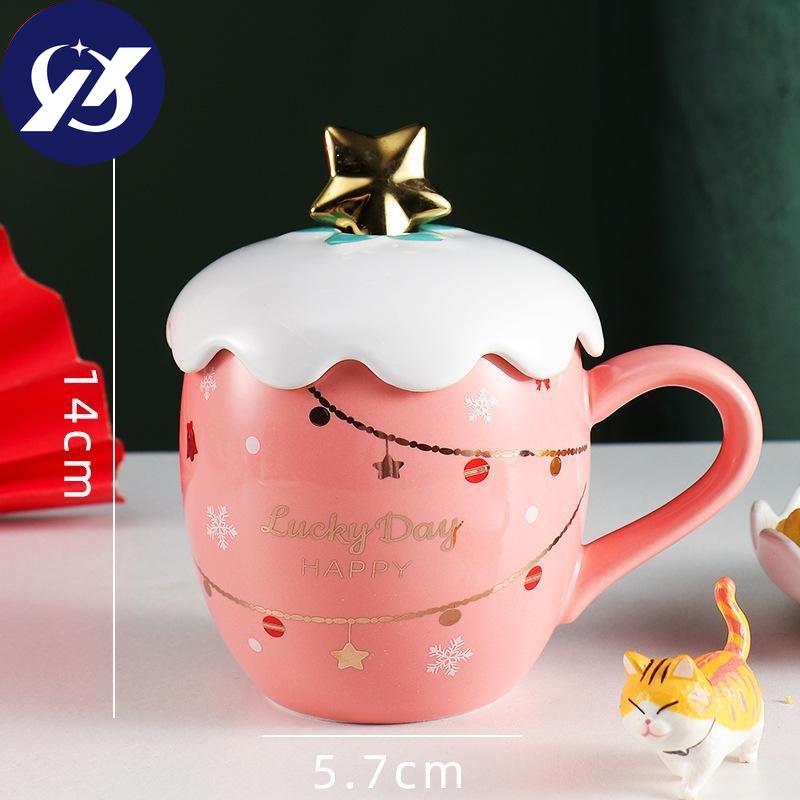 Christmas Mug with Lid Spoon Girl Cute Coffee Cup Ceramic Water Cup Office Couple