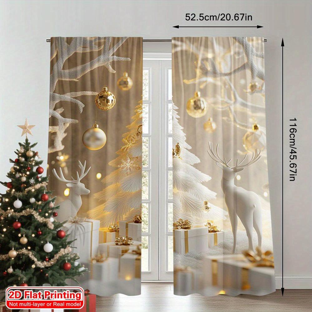 2 Pcs 2D Gold Christmas Wonderland Print Curtains – Elegant Decor for Bedroom Office Living Room Kitchen