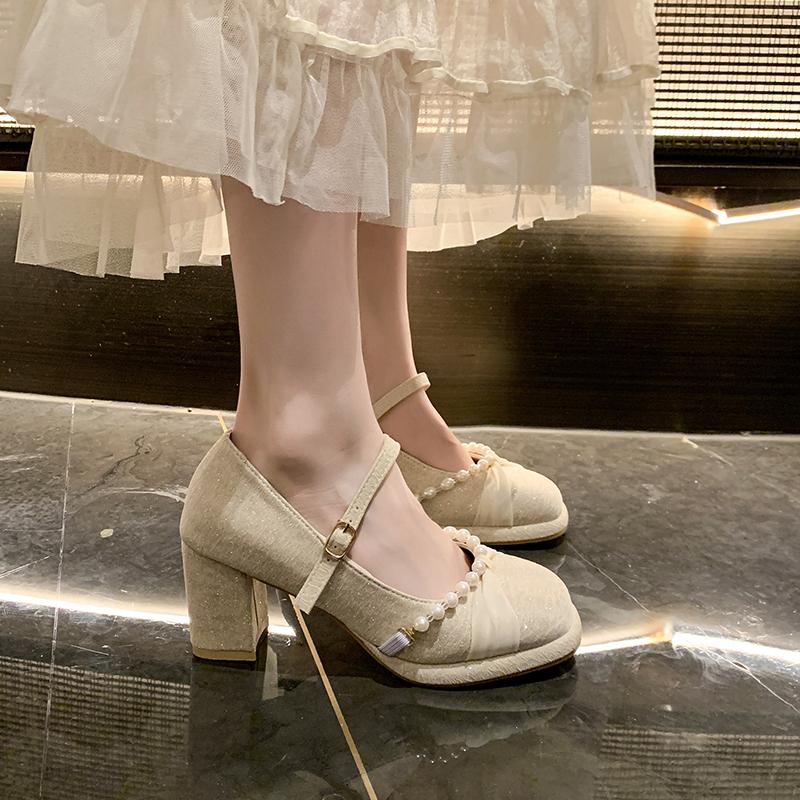 2025 New Mary Jane High Heels Women's Chunky Heel Maid of  Comfortable Everyday Wear Synthetic Leather Single