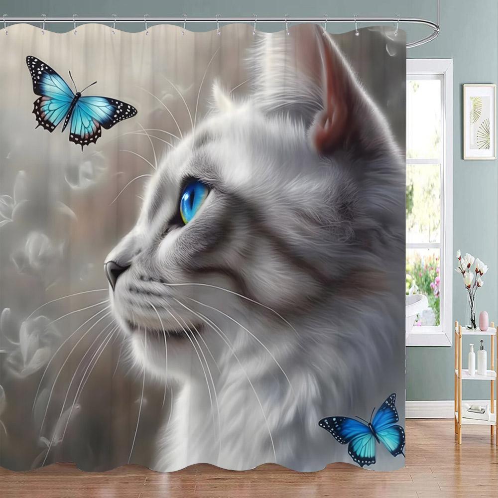 Weißer Kater Mit Blauen Schmetterlingen Duschvorhang Wasserdicht Leicht Zu Reinigen Sichtschutz Druck Fantasy Kunst Design Elegant
