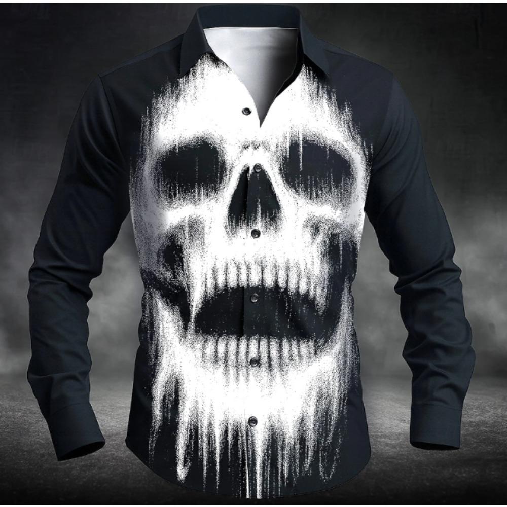 Men's Skull Printed Long Sleeve Shirts Casual Cardigan New Button Holiday Fashion Shirts