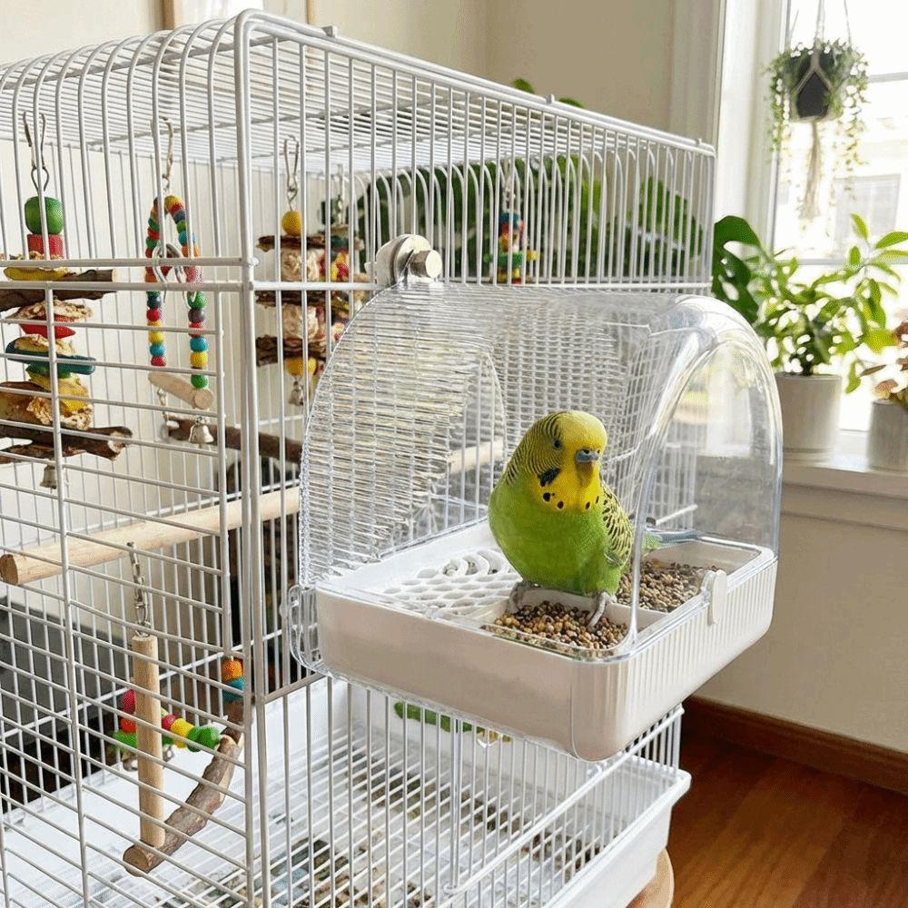 Transparente Vogelbad-Käfig-Bodenlade Papageien-Duschbox Vogel Vogelbad Futterspender Vogelkäfig