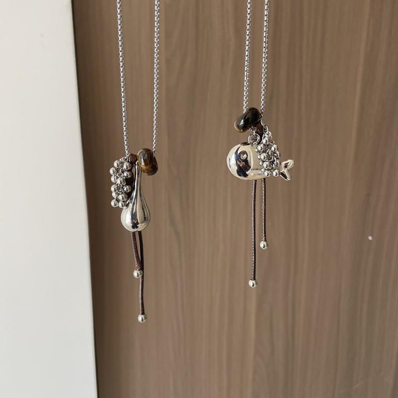 Grape Cluster Tassel Pendant Necklace for Women Leather Cord Fish Water Drop Long Sweater Necklace Retro Cold Wind Daily Jewelry