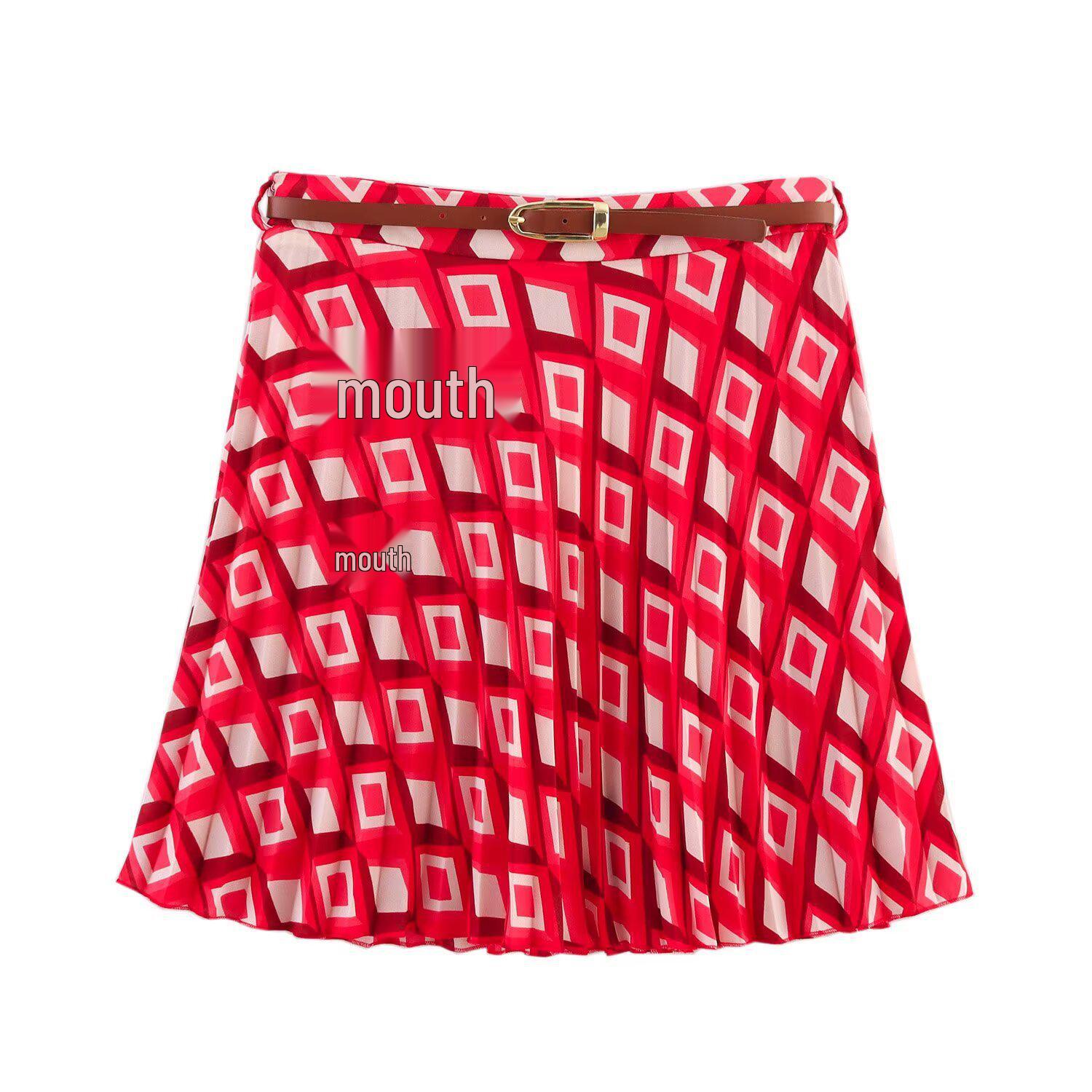 

Женский комплект рубашки с геометрическим принтом и юбки с поясом Весна/Лето 2025 Medium кирпич красный