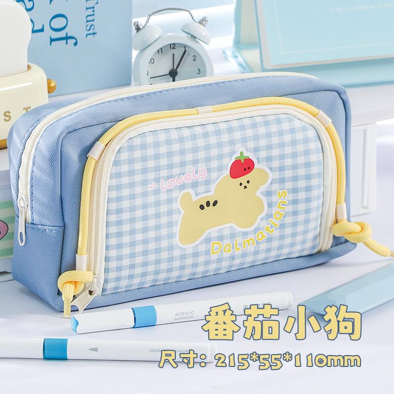 

2025 new retro plaid window opening puppy pencil bag high value large capacity cute multi-functional stationery bag