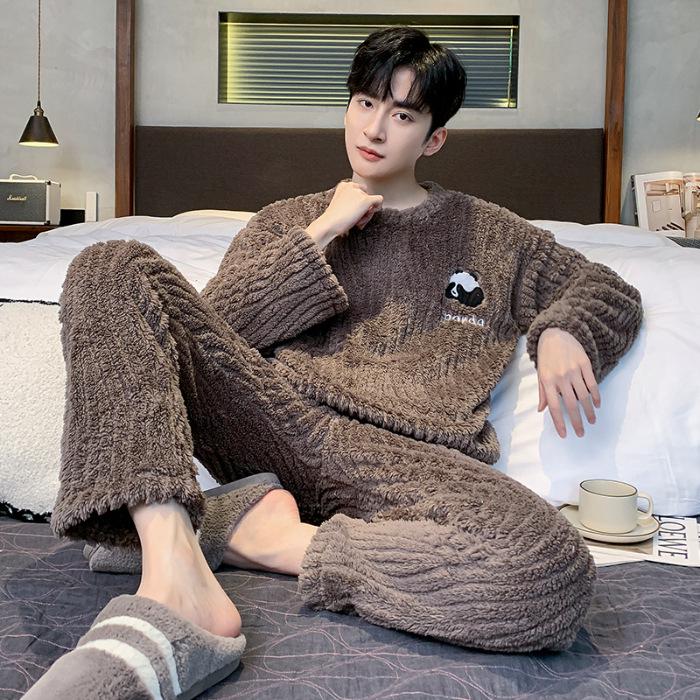 

Мужской пижамный комплект из двух частей, жаккардовый, кораллового флиса, плотный бархат, теплая круглая горловина. XL