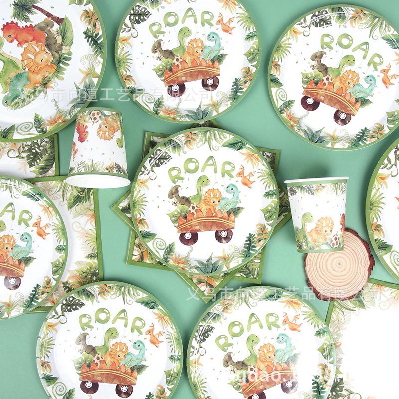 Dinosaur Theme Disposable Tableware Set for Kids' Birthday - Plates, Cups, Napkins